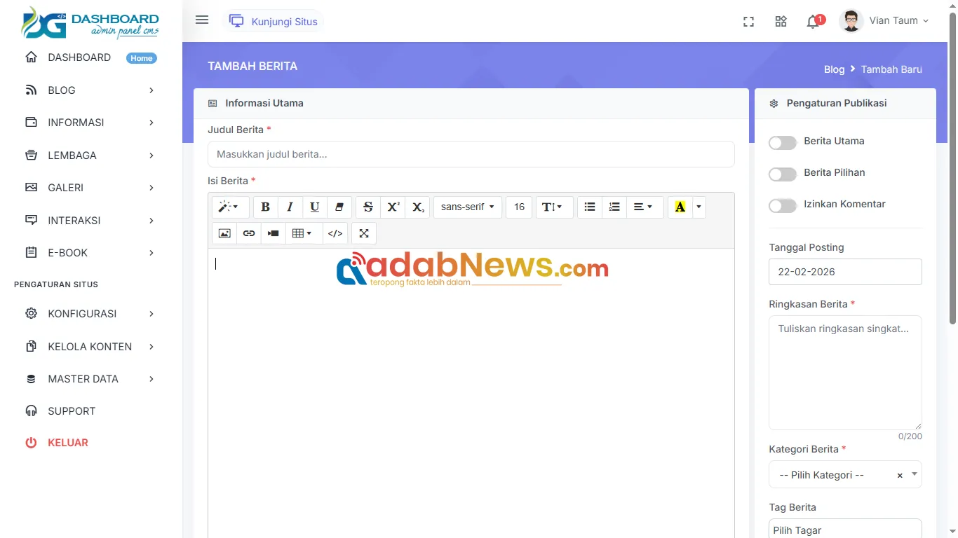 Tampilan CMS DATAGOE